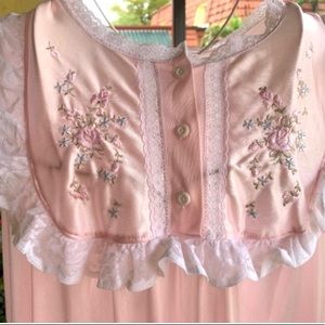 Vintage Gilead long nightgown dress , sleepwear pink flowers embroidered lace